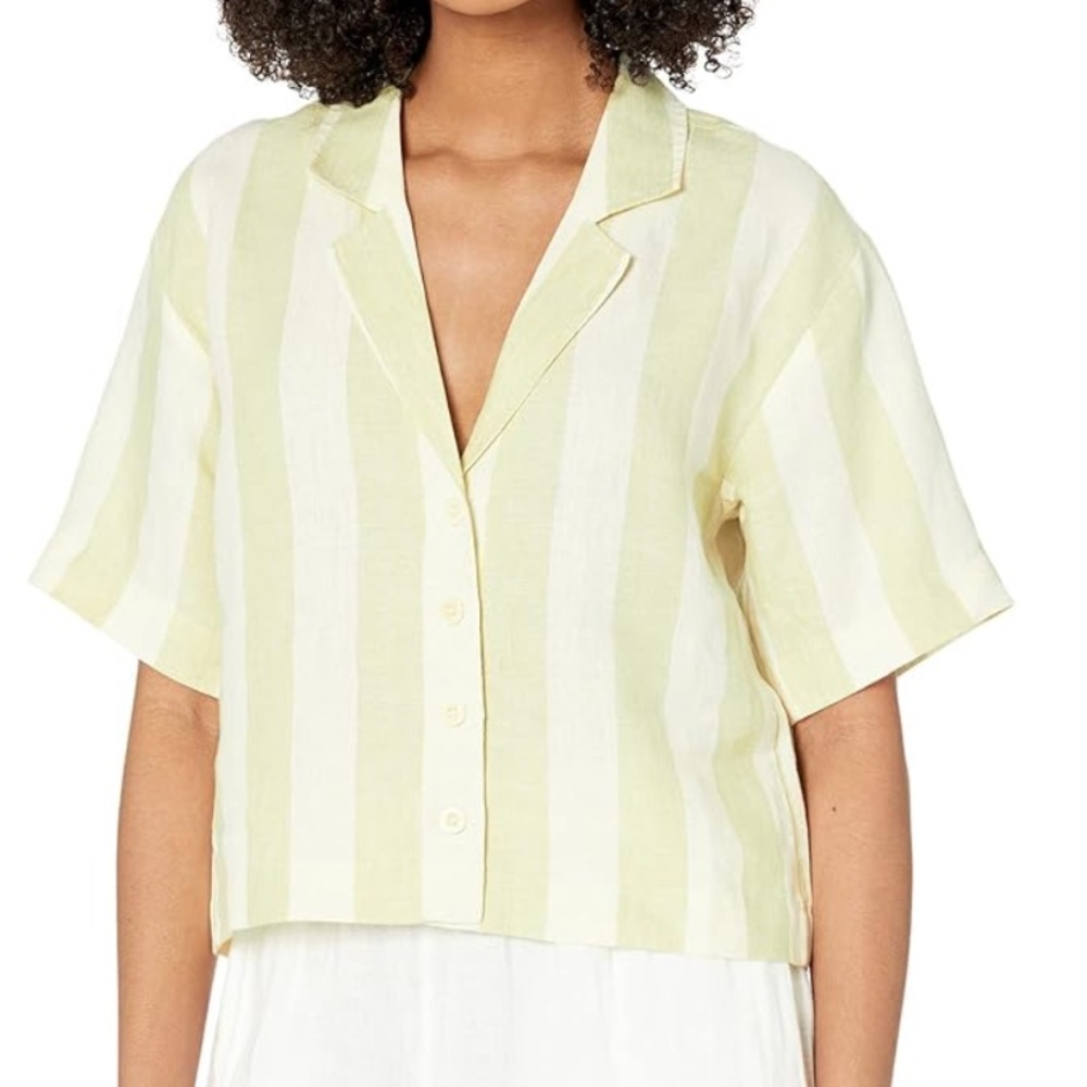 Madewell Pink and Gray Striped Top cropped linen